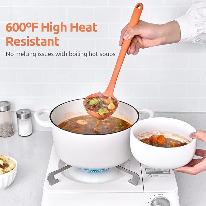 U-Taste 10 Piece Measuring Cups and Spoons Set in 18/8 Stainless Steel, and 600ºF Heat Resistant 13 inch Large Non-Stick Silicone Soup Ladle (Orange)
