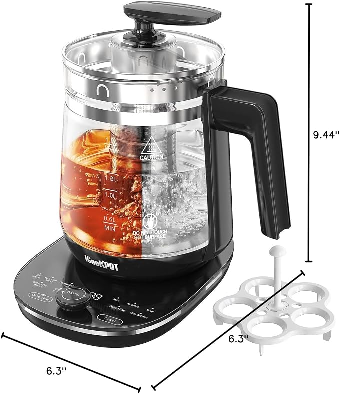 Hot Tea Maker Glass Electric Kettle with Infuser and Temperature Control,1.5L Stainless Steel 1200W Rapid Boiling,Programmable Control for your Favorite Teas and Coffee,Black