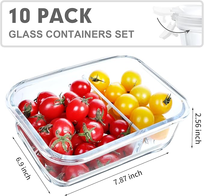 VERONES 10 Pack Glass Meal Prep Containers 2 Compartment Set, 30 OZ Airtight Glass Lunch Containers, Glass Food Storage Containers with Lids, for Microwave, Oven, Freezer & Dishwasher Friendly，White