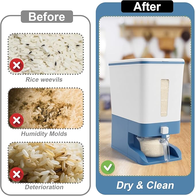 Mity rain Rice Dispenser 20 Lbs with Moisture Absorbing Clay, Rice Storage Container with Measuring Cup, 12 L Cereal Containers Storage Airtight for Kitchen Pantry Organization Blue