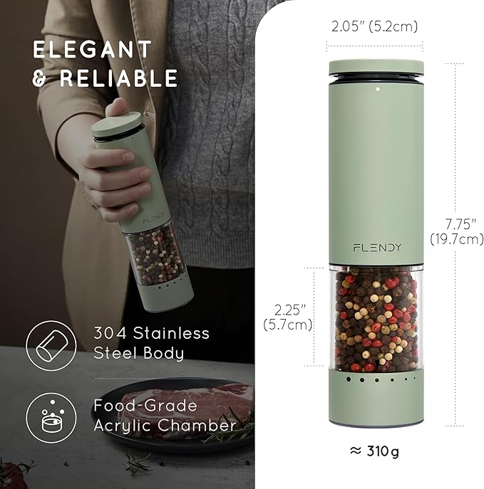 Flendy Electric Salt and Pepper Grinder Set Rechargeable, Automatic Salt and Pepper Grinder Set with Oversized Top Button, Stainless Steel Electric Salt and Pepper Shakers Set