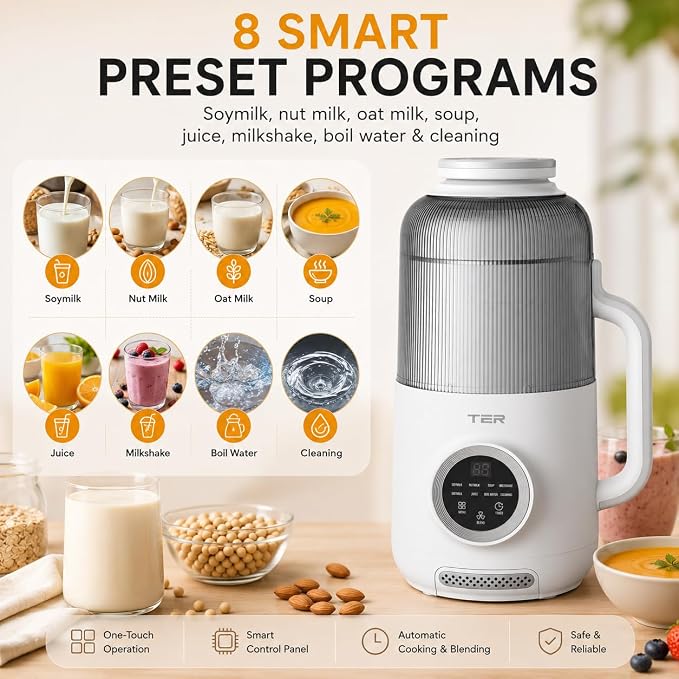 TER 40oz Nut Milk Maker Machine, 10-in-1 Automatic Soy Milk Maker for Almond, Oat & Plant-Based Milk, Self-Cleaning Milk Maker with 12H Delay Start, Keep Warm, Boil Water, Soup & Juice Upgraded