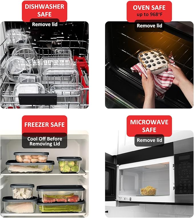 EATEX Grooved Base Glass Meal Prep Containers, 14 Pack Glass Food Storage Containers with Lids for Meal Prep & Lunch, Microwave Oven Freezer Dishwasher Safe, Anti Moisture Non-Stick Design - Black