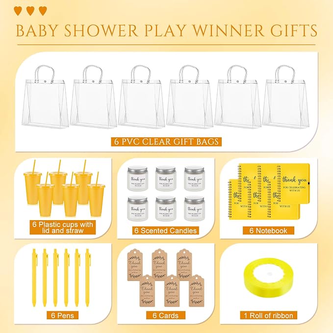 Nuogo 6 Sets New Parent Shower Prizes for Player Winners Adult, Wedding Bridal Shower Gift, Plastic Tumbler Notebook Scented Candle Ballpoint Pen Bag (Yellow Color,Classic Style)