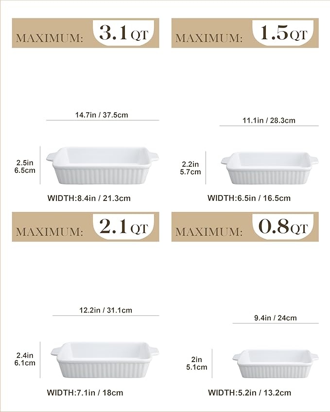 MALACASA Casserole Dishes for Oven, Porcelain Baking Dishes, Ceramic Bakeware Sets of 4, Rectangular Lasagna Pans with Handles for Baking Cake Kitchen, White (9.4"/11.1"/12.2"/14.7")