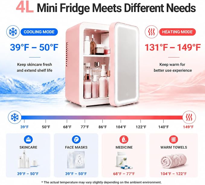 4 L / 6 Cans mini skincare fridge with Dimmable LED Light Mirror, Mini Fridge for Skin Care, Cosmetics, Beverage, Beauty Fridge for College Dorm, Office, Home, Car, Travel cooler and warmer (pink)