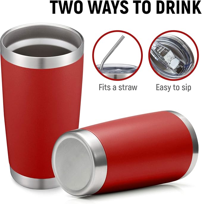 COMOOO 20oz Double Wall Vacuum Insulated Travel Mug, Stainless Steel Tumbler with Lid and Straw Durable Powder Coated Insulated Coffee Cup for Cold & Hot Drinks (Red, 4 PACK)