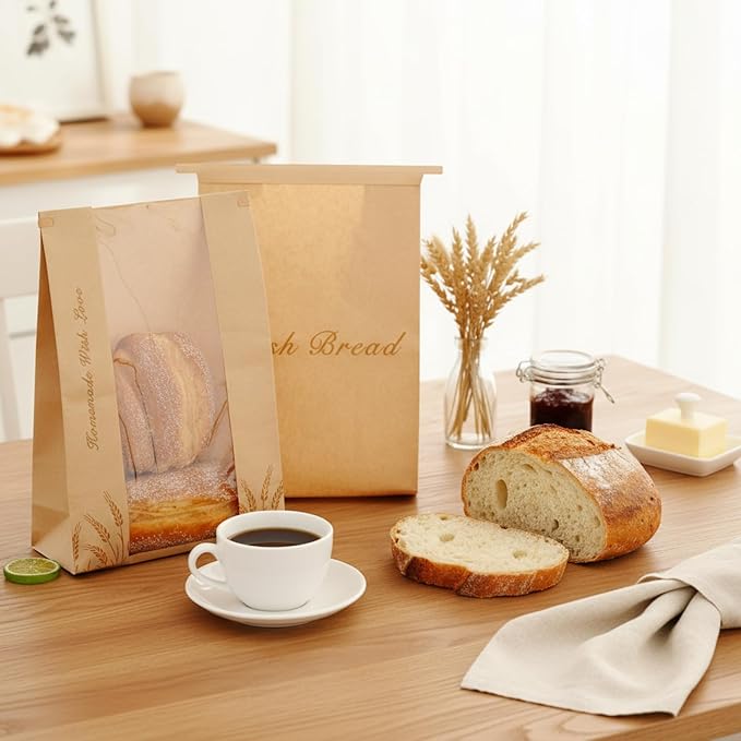 Honoson 300 Pcs Large Paper Bread Bags for Homemade Gift Giving, Sourdough Bread Bags with Window, Bakery Storage Tin Tie Tab Lock Cookie Packaging with Label Seal Stickers (Bright Style)