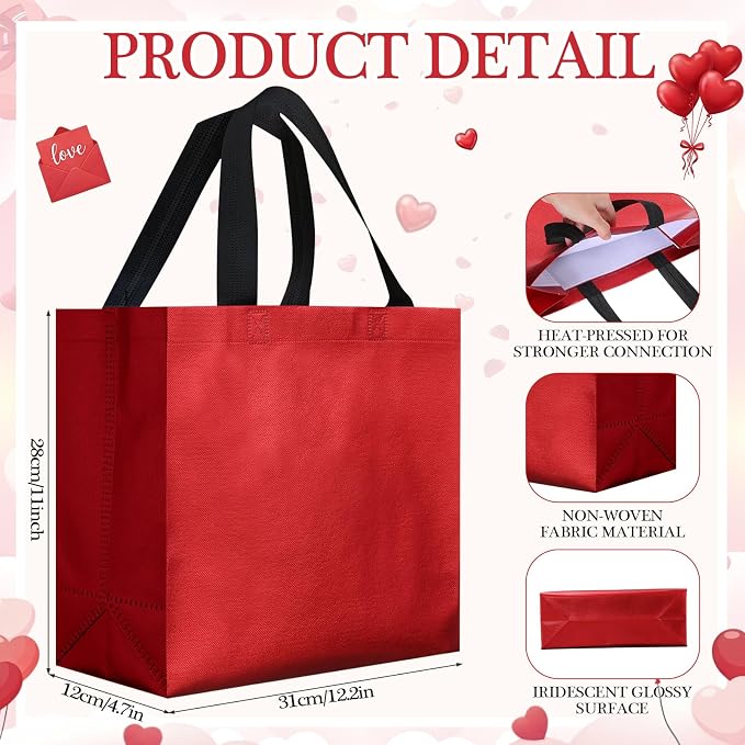 Eccliy Reusable Gift Bags Set Glossy Grocery Gift Tote Bag with Handle for Wedding, Bridal Shower, 4th of July, Summer Event(12 x 11 x 4.7 I Inch,Red,80 Pcs)