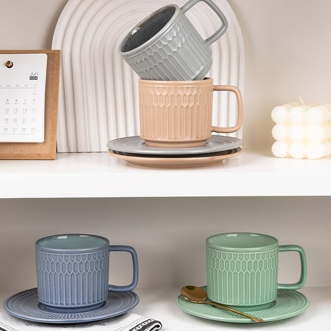8oz Cappuccino Cups with Saucers Set of 4, 8 Ounce Stackable Embossed Ceramic Coffee Mugs for Specialty Coffee Drinks, Latte Mugs, Cafe Mocha and Tea, Dishwasher & Microwave Safe (Mix)
