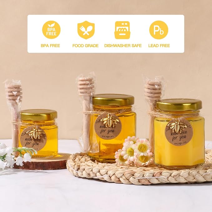 3 oz Mini Glass Honey Jars | 48-Pack Honey Jars with Wood Dippers, Gold Lids, Gift Bags, Bee Charms, Labels, Tags, Twine | Perfect for Baby Shower Party Favors, Wedding Favors, Bridal Showers