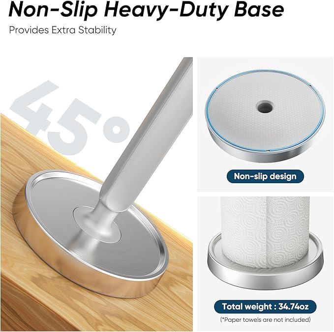 theaoo Paper Towel Holder Countertop, One-Handed Tear Paper Towel Stand Dispenser with Damping Function for Kitchen Bathroom, Stainless Steel Paper Towel Holder with Weighted Non-slip Base (1, Silver)