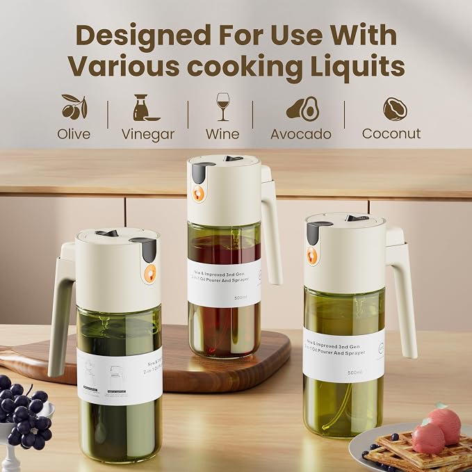 LAKUMIQI 2 in 1 Oil Sprayer for Cooking, 17oz Light-Blocking Glass Spray Bottle with Stickers, Oil Dispenser for Salad, Air Fryer & BBQ