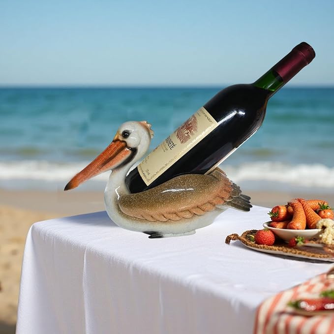 Beach Themed Tabletop Wine Rack: Coastal Nautical Decor for Home Party Bedroom - Pelican Wine Bottle Holder for Kitchen Beachy Rooms Table Shelf Cabinet Ocean Sea House Decorations