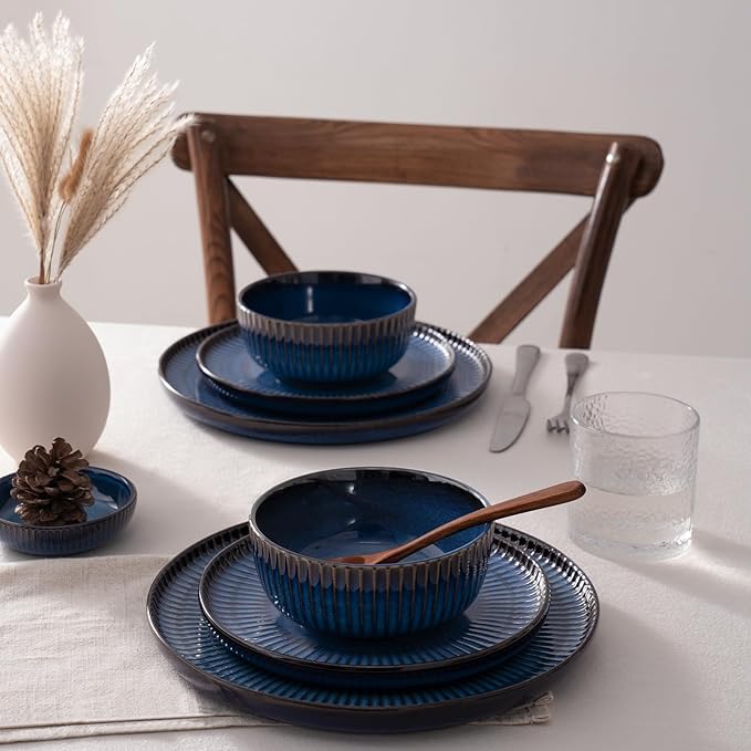 Famiware Starlight 24-Piece Plates and Bowls Sets for 8, Stoneware Dinnerware with Ribbed Textured, Handcrafted Reactive Glaze Dishes - Dishwasher & Microwave Safe, Chip/Scratch Resistant, Starry Blue