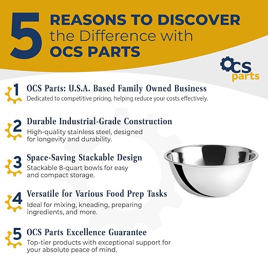 OCS Parts 4-Pack 8 Quart Mixing Bowls | 13.25-Inch Stainless Steel Bowls | Professional Grade Flat Base Mixing Bowls for Home and Commercial Kitchens