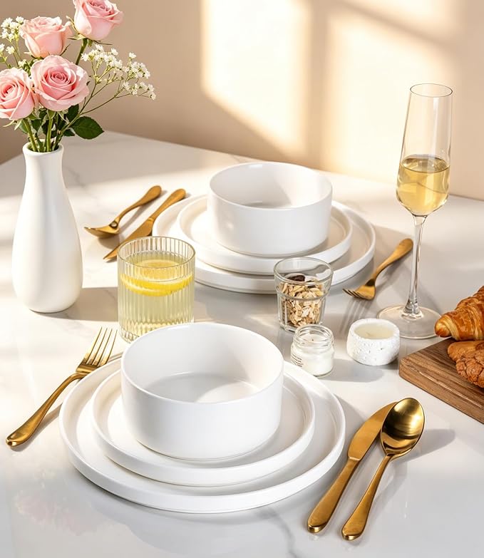 GBHOME Ceramic Dinnerware Sets of 4,Stoneware Plates and Bowls Sets,Chip and Crack Resistant | Dishwasher & Microwave Safe Dishes Set,Scratch Resistant- Service for 4 (12pc)-White