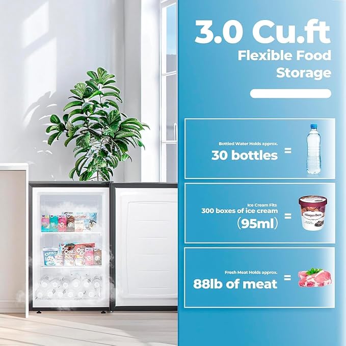 Electactic 3.0 Cu.ft Small Freezer, Mini Upright Freezer with 7 Adjustable Thermostat, Removable Shelves, Reversible Single Door, for Bedroom/Home/Dorms/Apartment (Black)