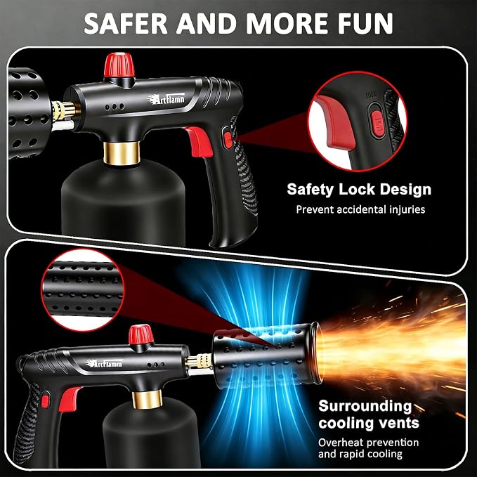 ARTFLAMM Propane Torch with Safety Lock, Powerful Cooking Blow Torch Gun for Grill, BBQ, Sous Vide & Charcoal– Adjustable Flame Cooling Vents Design (Tank Not Included)