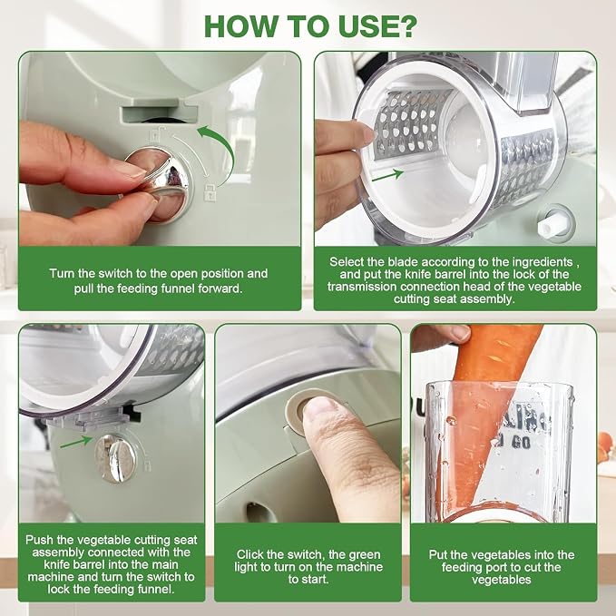 Electric Cheese Grater for Block Cheese - 3 in 1 Rotary Cheese Grater Electric Rotary Grater Salad Shooter Electric Slicer for Cheeses, Fruits, Vegetables and Nuts (Green, 6.89"x7.87")