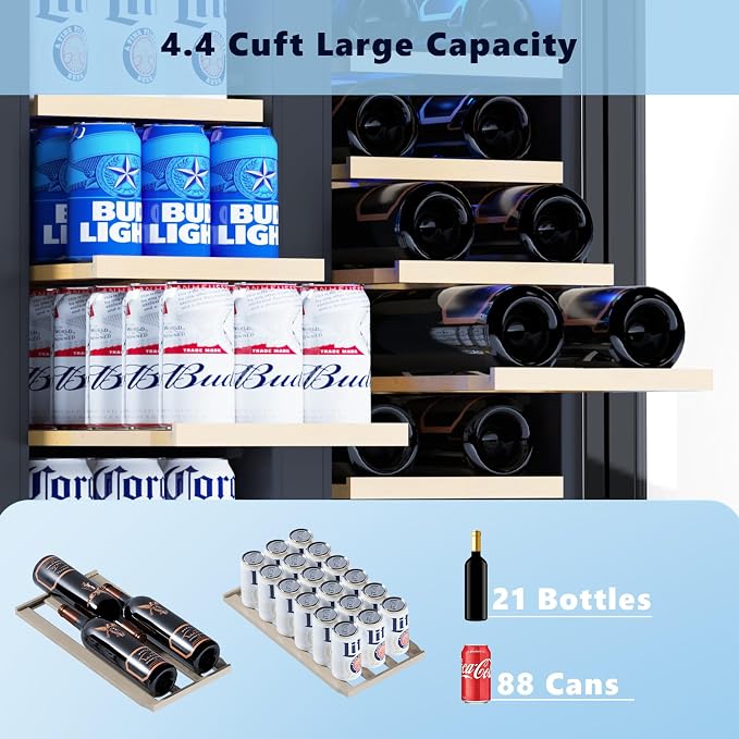 Electactic Dual Zone Wine Cooler with Glass Door, 21 Bottles and 88 Cans Wine and Beverage Refrigerator, 4.4 cu.Ft 24 Inch Built in or Under Counter Wine Fridge with LED Light, Two Door Lock