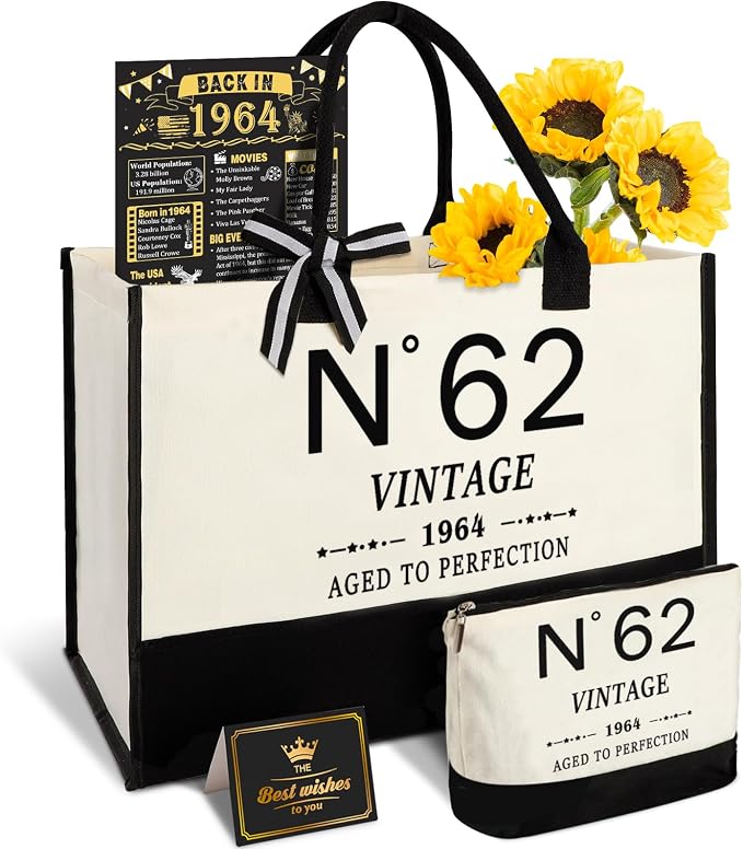YeohJoy 62nd Birthday Gifts for Women Canvas Tote Bag Travel Gear, Unique 62 Years Old Gifts for Wife Mom Sister Aunt Friends Her, Vintage N°62 Handbag & Cosmetic Bag & Back in 1964 Poster