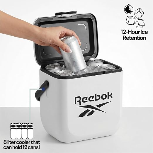 Reebok 8L Hard Cooler, Officially Licensed Portable Cooler Ice Chest with Handle, Holds 12 Cans, 12-Hour Ice Retention,White
