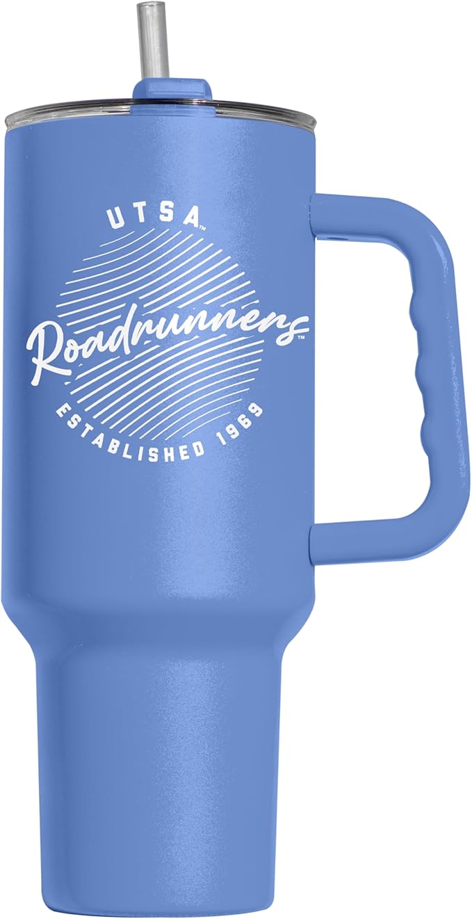 Logo Brands NCAA UTSA Roadrunners Retro Script Arctic 40 oz Tumbler with Handle - Stylish Everyday Use Powder Coated-Stainless Steel with Straw- Keeps Cold For Hours
