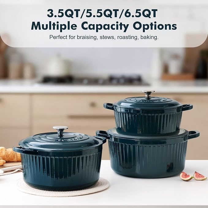SENSARTE Enameled Cast Iron Dutch Oven Pot with Lid 3.5/5.5/6.5 Quart Heavy-Duty Round Dual Handles Kitchen Pot with Cotton Potholders & Silicone Trivet, Pot for Bread Baking, Stews, Braising, Roasting, Oven Safe, 5.5 Quart, Emerald Green
