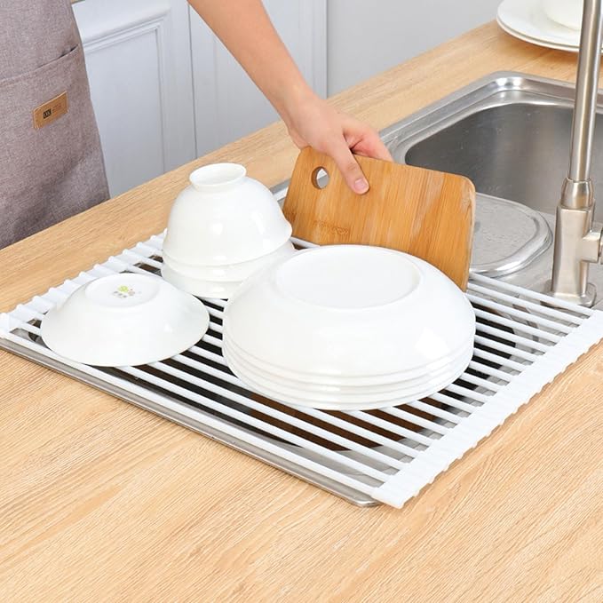 HUHJYUGE Roll Up Dish Drying Rack, Kitchen Sink Dish Drying Rack, Over The Sink Drying Rack Roll Up, Foldable Silicone Dish Drainer for Kitchen, for Plates, Cups, Bowls (F 52x33.5cm)