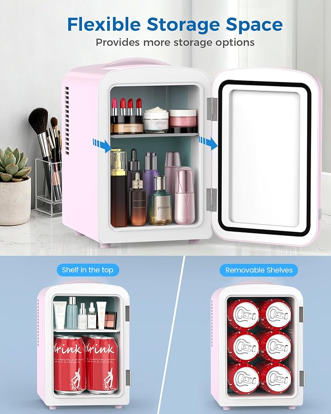 Electactic Mini Fridge for Skincare, 4L/6 Cans Small Cosmetic Fridge for Makeup & Beverage, Portable Desk Fridge Cooler and Warmer for Kids, Bedroom, Countertop, Pink