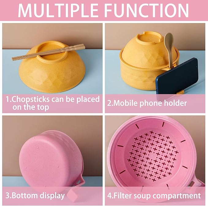 2 Sets Microwave Ramen Bowl 40 oz Wheat Fiber Portable Instant Noodle Cooker Bowl with Handles Strainer Spoon Chopstick Fork College Dorm Room Apartment Essentials(Pink,Yellow)