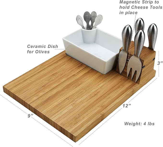 Picnic at Ascot Original Bamboo Cheese Board with Knife Set, Ceramic Bowl & Cocktail Sticks- Designed & Quality Approved in the USA