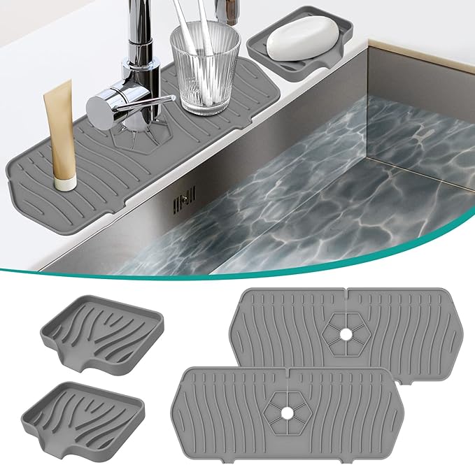 4 PCS Kitchen Sink Splash Guard and Soap Tray, Silicone Faucet Guard Mat Faucet Splash Catcher Sponge Holder with Drain Spout, Keep Kitchen Bathroom Sinks Countertop Soap Dry (grey)