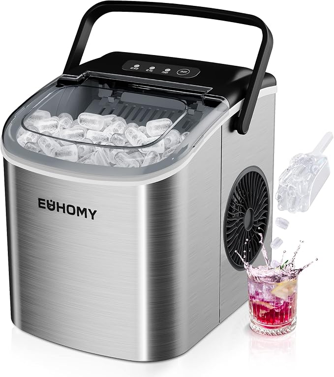 EUHOMY Countertop Ice Maker Machine with Handle, 26lbs in 24Hrs, 9 Ice Cubes & Perfect Stix Icebag10TT-50 Ice Bag with Twist Tie Enclosure, 10 lbs (50/Pk), Clear