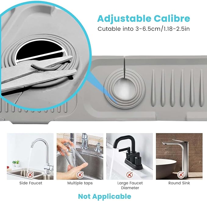 2 Pcs 40x12 cm Silicone Faucet Mats for 3.5-6cm Faucets Handle Drip Catcher Tray Faucet Sink Splash Guard Drying Mat for Kitchen Bathroom Counter Drying Pad Faucet Draining Pad (Grey)