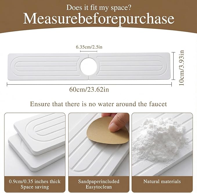 Faucet Mat for Kitchen Sink -Diatomite Stone Drying Mat for Kitchen Counter & Bathroom Sink,Quick-Dry Kitchen Sink Mat-Sink Protector & Splash Guard,Super Absorbent (White, 23.6" x 4")