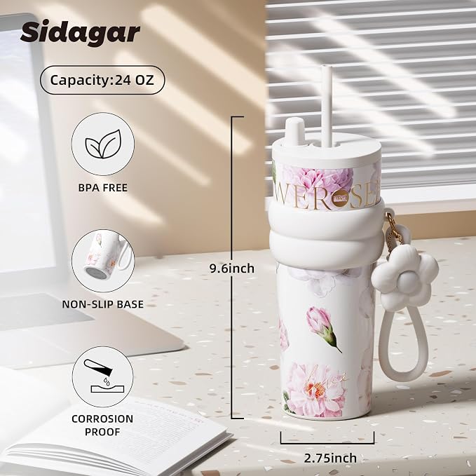 24 oz Stainless Steel Tumbler with Lid and Straw, Insulated Coffee Mug, Leak Proof, Portable Iced Travel Water Bottle, Reusable Thermal Coffee Cup, Floral White