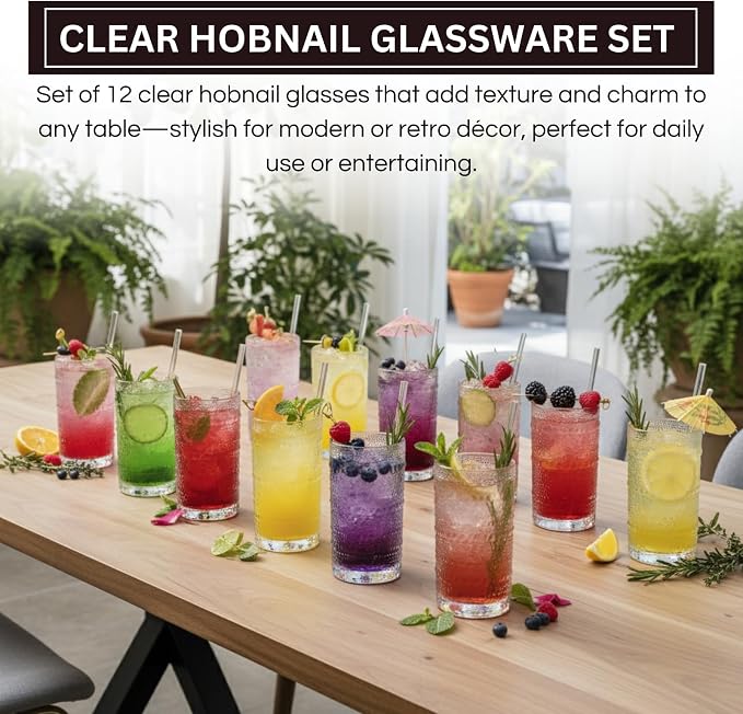 12-Piece Hobnail Drinking Glasses Set, 12 oz Large Vintage Highball Glassware with Straws, Heavy Textured Beaded Tall Tumblers for Water, Juice, Soda & Cocktails, Clear Retro Barware, Dishwasher Safe
