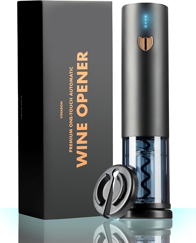 VINABON Electric Wine Opener - Updated 2026 One-Touch Automatic Wine Bottle Opener Corkscrew - Rechargeable (Up to 100 Bottles/Charge) with Foil Cutter Stand, LED Indicator. Includes Wine Guide eBook