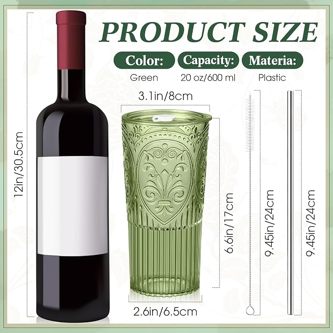 4 Set 20oz Vintage Plastic Tumbler with Lids and Straws Ribbed Floral Drinking Glasses Reusable Iced Coffee Cups for Water Juice Smoothie Cocktail Travel Party Events Gift (Green)