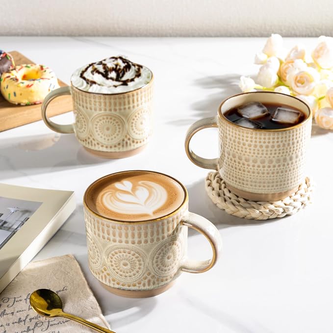 GBhome 12OZ Stackable Coffee Mugs, Ceramic Coffee Mugs with Texture Patterns for Man,Woman,Dad,Mom, Modern Coffee Mugs Set of 4 for Latte/Cappuccino/Cocoa. Dishwasher&Microwave Safe