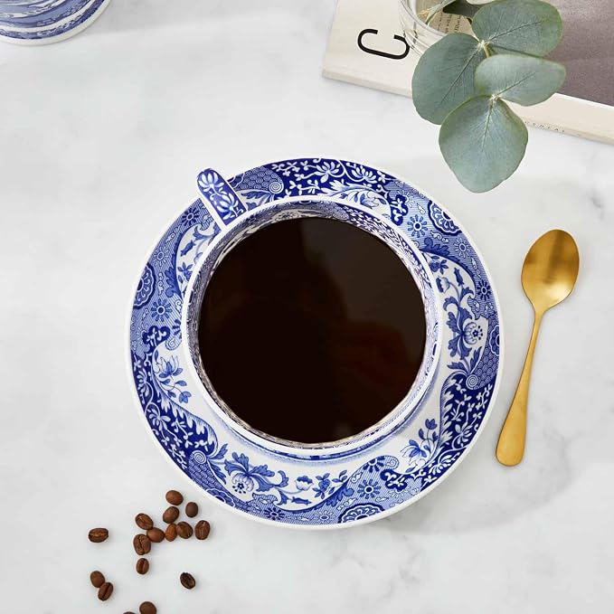 Portmeirion Spode Blue Italian Teacup and Saucer, 20-ounce Capacity, Jumbo Tea Set, Coffee Mug, Cup for Tea, Lattes, Espressos, and Hot Beverages - Blue & White