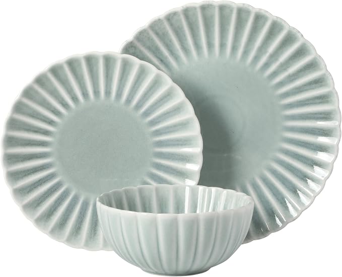 Gibson Elite Peach Orchard 12-Piece New Bone China Dinnerware Set Service for 4, Embossed Fluted Plates and Bowls, Dishwasher and Microwave Safe, Aqua Blue
