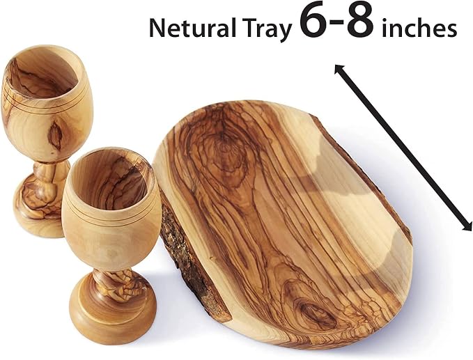2 Small Communion Cups with Natural Olive Wood Bread Plate – Hand-Carved Kiddush Set for Church, Ministry & Worship – Includes Certificate of Origin