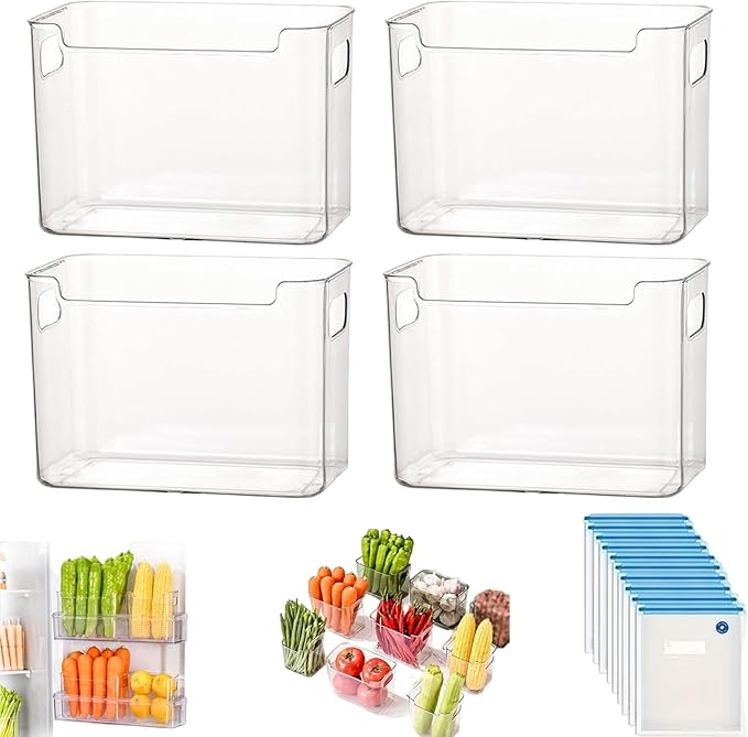 Crystal Clear Freezer Storage Bins, 4 Pack Clear Plastic Storage Bins for Pantry Organizers and Storage, Kitchen Stackable Containers with Handle for Refrigerator, Fridge, Cabinet (4Pcs Large)