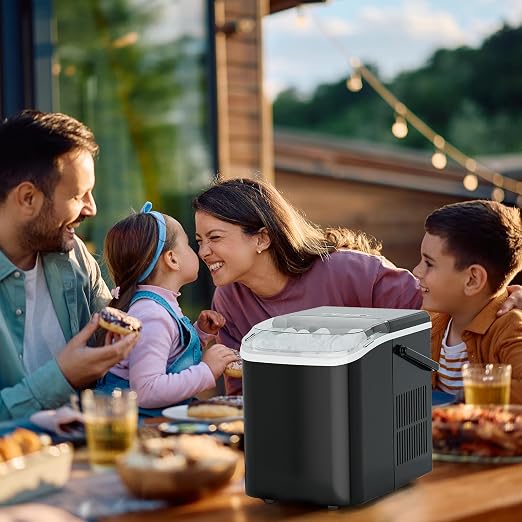 NEWBULIG Countertop Ice Maker Machine with Handle, Portable Bullet Ice Maker Produces 9 Cubes in 6 Minutes, 26 lbs per 24 Hours, Includes Basket & Scoop, for Home Kitchen RV Camping Party, Black