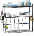 GSlife Over The Sink Dish Drying Rack, 2 Tier Above Sink Dish Drainer Drying Rack with Utensil Holder for Kitchen Counter, Rustproof Kitchen Plate Organizer, Black