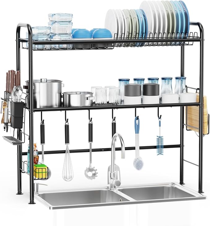 GSlife Over The Sink Dish Drying Rack, 2 Tier Above Sink Dish Drainer Drying Rack with Utensil Holder for Kitchen Counter, Rustproof Kitchen Plate Organizer, Black