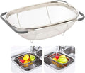 AJIODA Over The Sink Colander, 6 Quarts Stainless Steel Oval Colander with Expandable Rubber Grip Handle, Fine Mesh Strainer Baskets Kitchen Colanders for Strain, Drain, Rinse Vegetables, Fruits, Grey